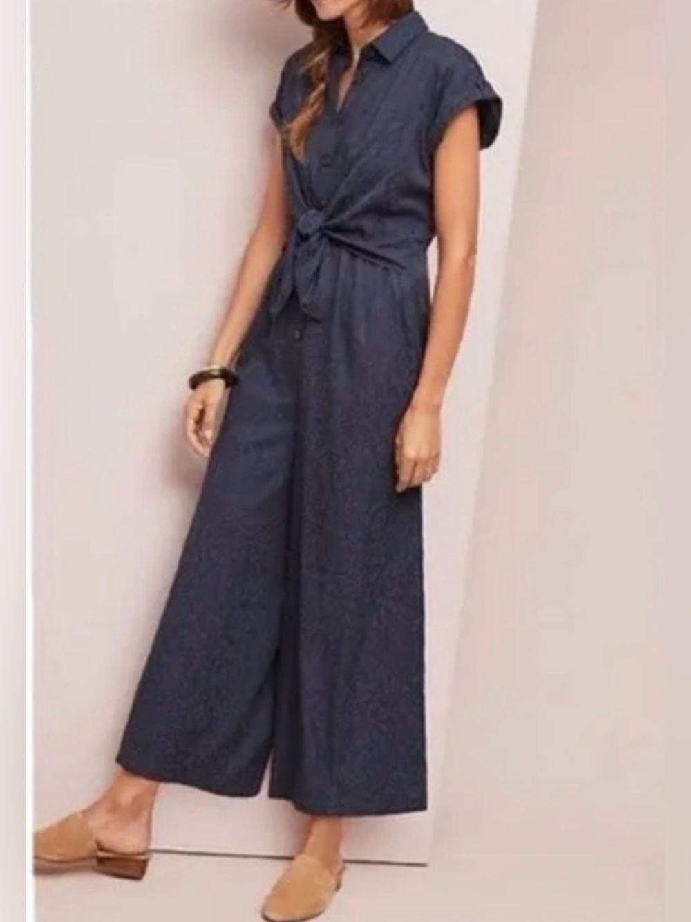 Anthropologie Navy Textured Tie-Front Jumpsuit | Size 8 |